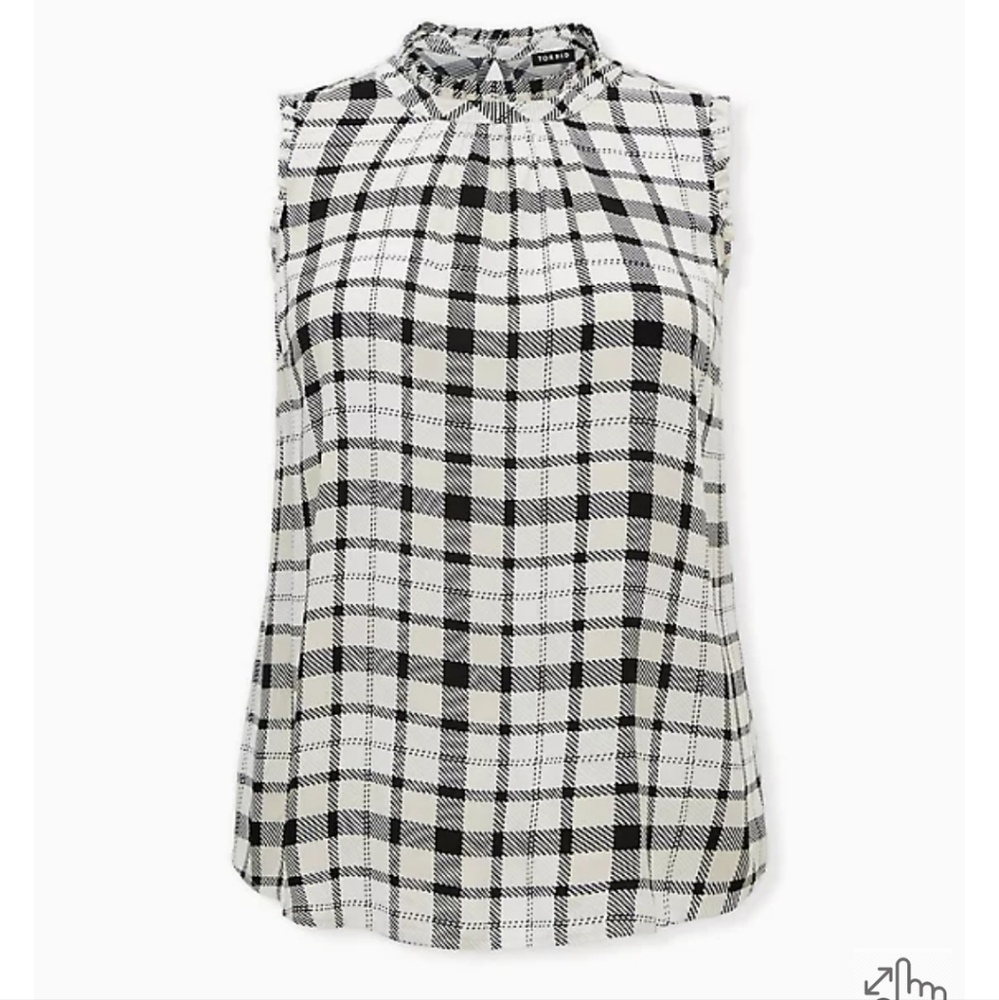 Torrid black and ivory plaid twill ruffle mock neck tank